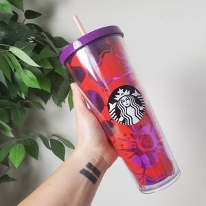 Starbucks Tumbler Red Purple Floral 24 oz Venti 2014